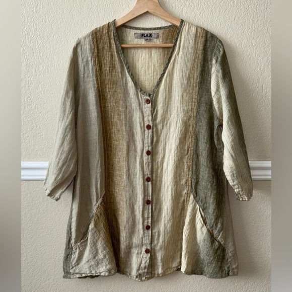 FLAX 100% Linen Lagenlook Button Front Tunic Cardigan Pockets Size Small - Picture 2 of 11